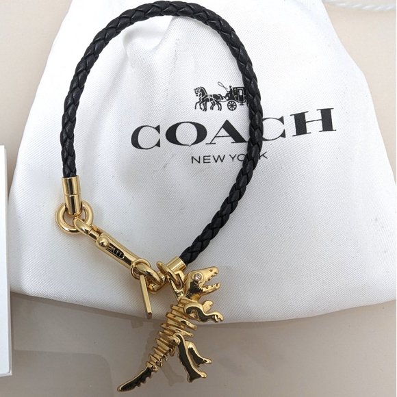 Coach BRAIDED CHARM FRIENDSHIP BRACELET Leather Rexy Dinosaur Gold Black 67043 - Picture 3 of 7
